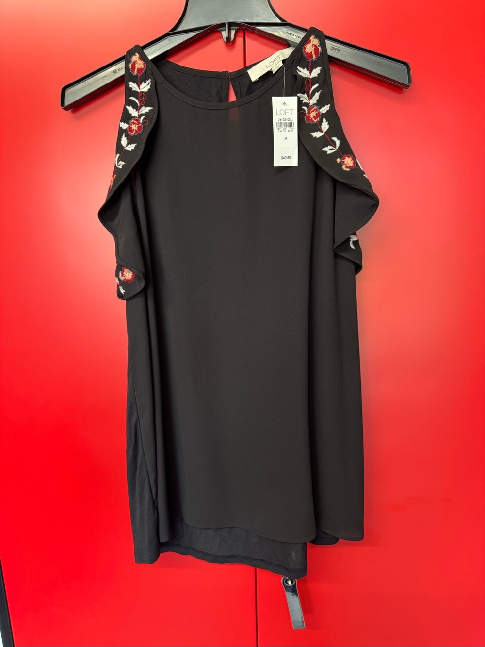 LOFT Black Cold-Shoulder Camisole with Red Floral Embroidery